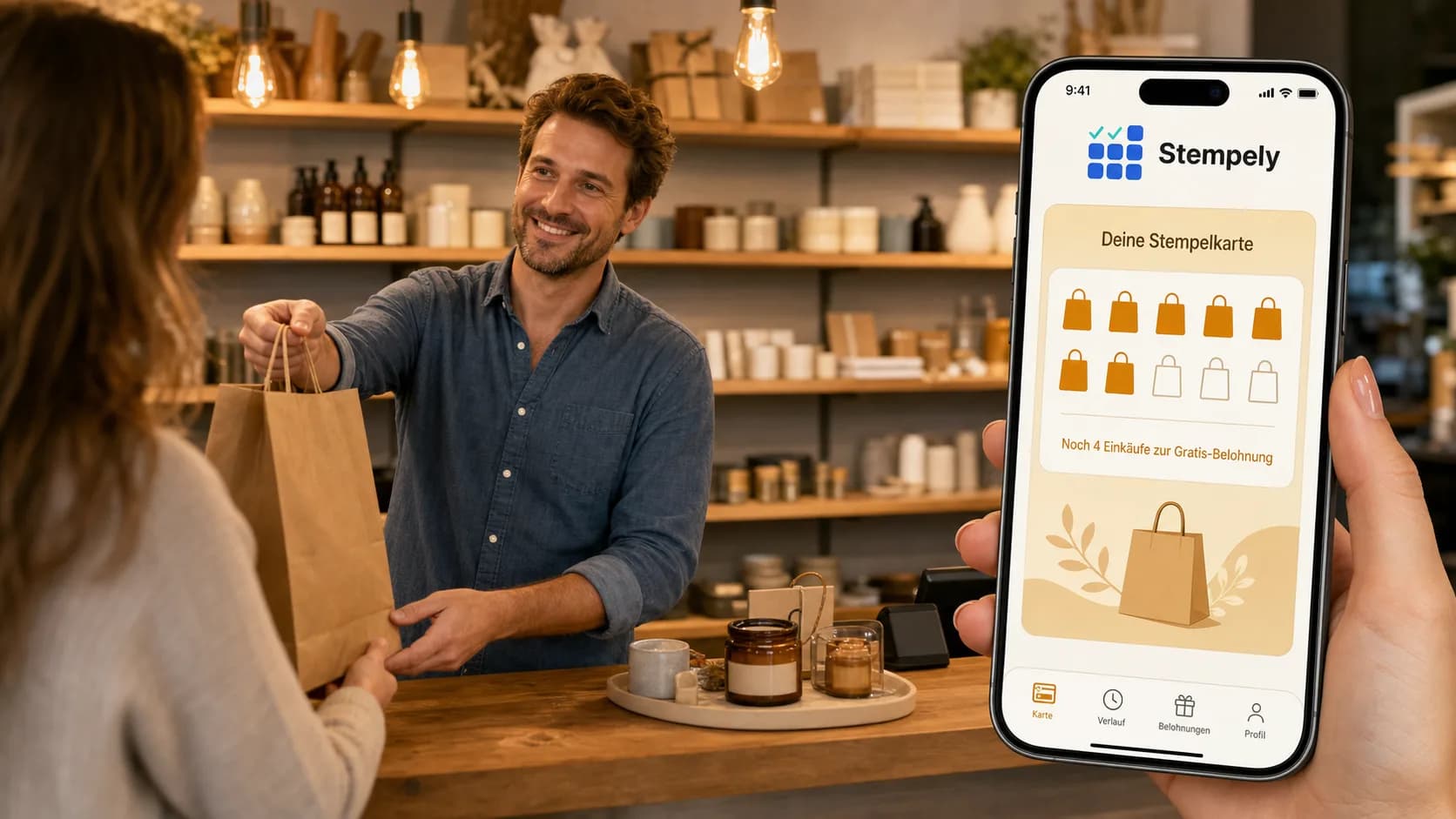 Verkäuferin mit Stempely-App an der Kasse, digitale Stempelkarte für Einzelhandel und Boutique