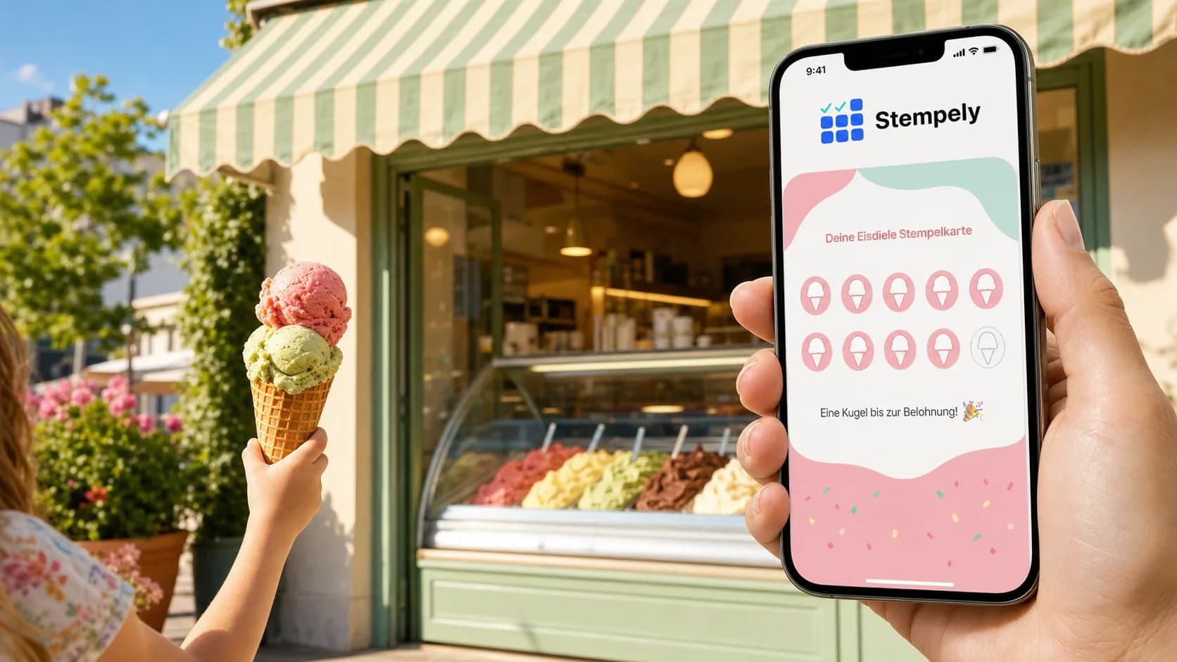 Eisverkäufer mit Stempely-App an der Eistheke, digitale Stempelkarte für Eisdiele und Gelateria