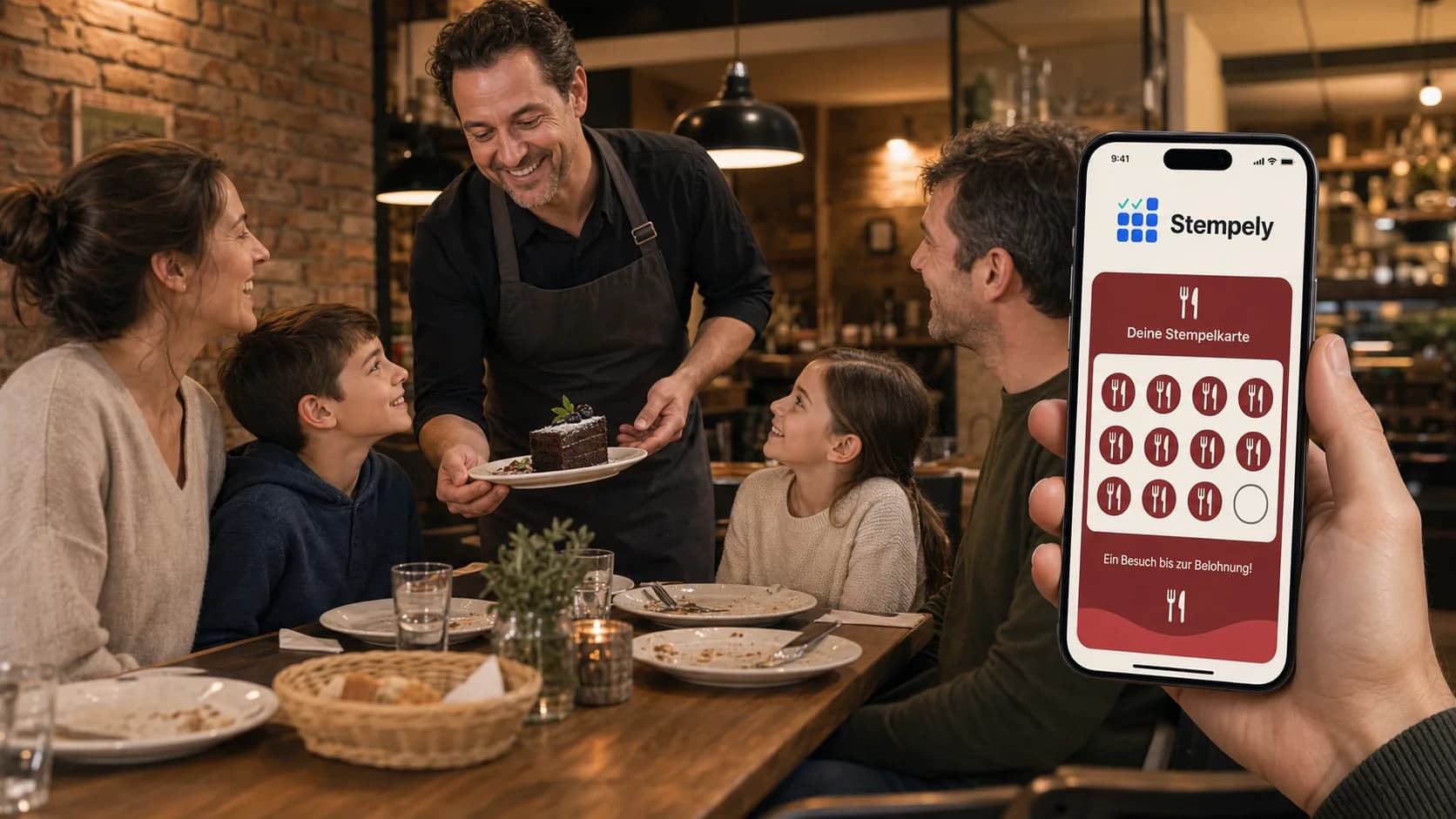 Kellnerin mit Stempely-App am Restauranttisch, digitale Stempelkarte für Gastronomie und Restaurant