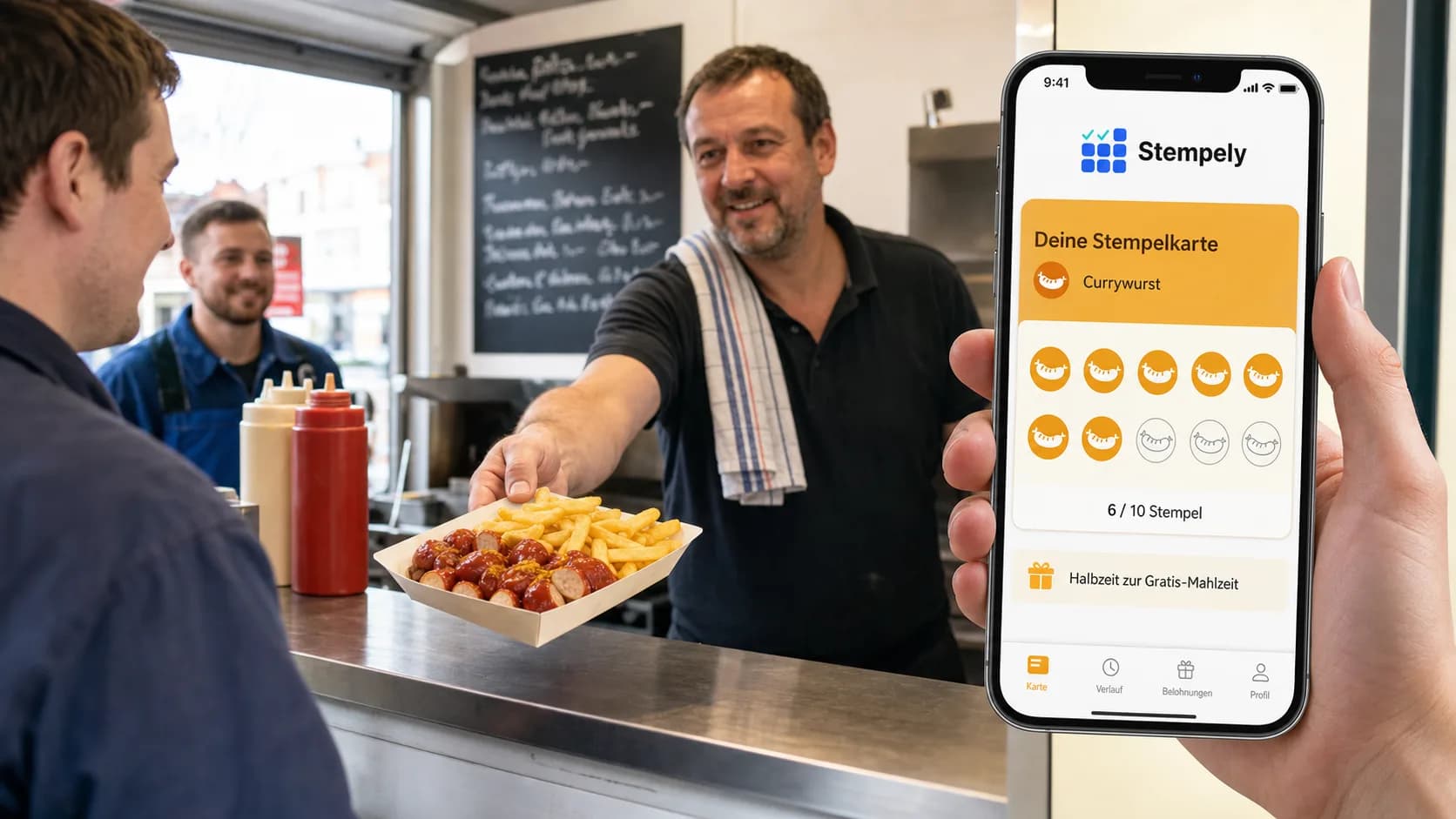 Imbissbesitzer mit Stempely-App an der Theke, digitale Stempelkarte für Imbiss und Snackbar