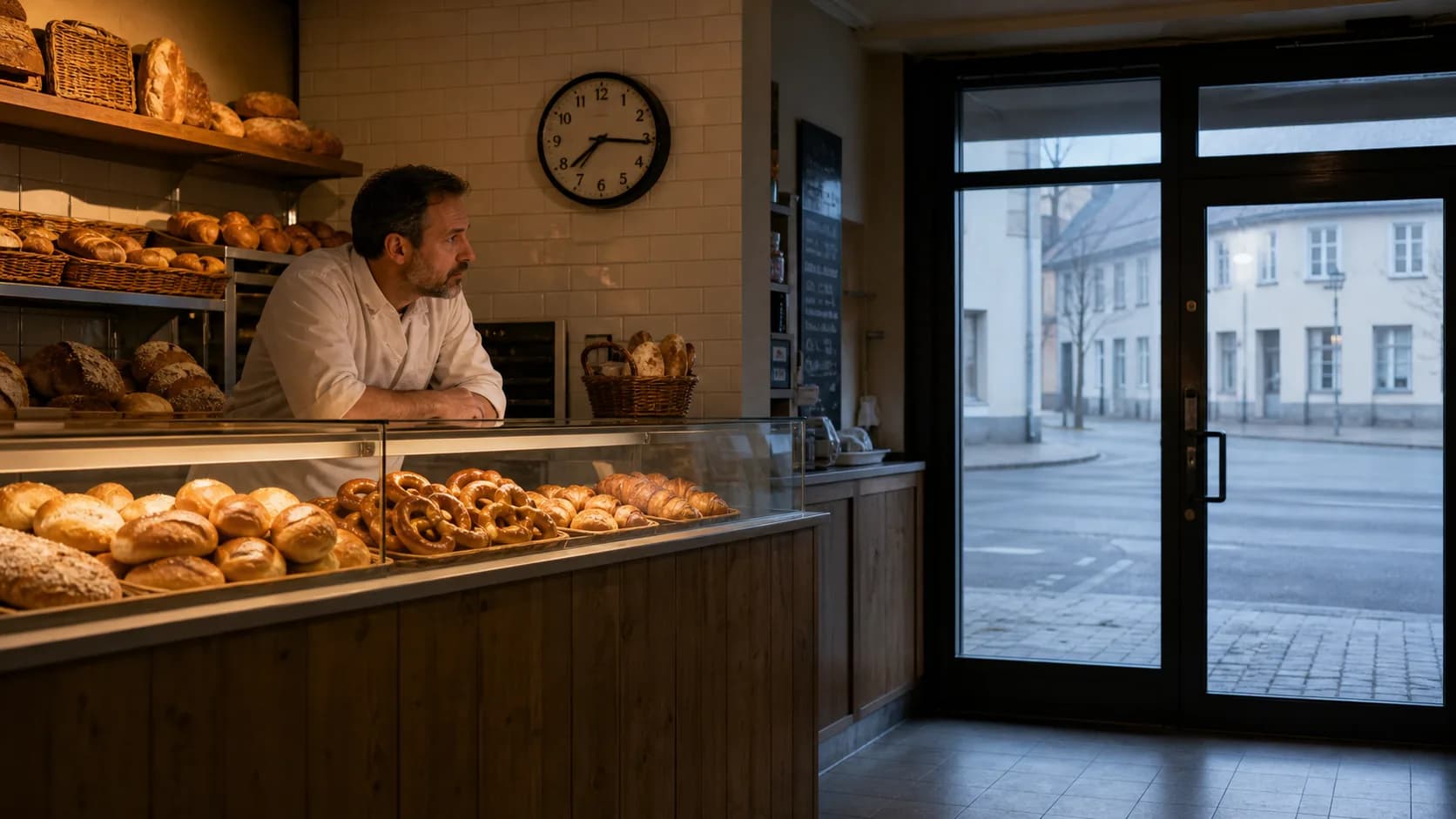 Leere Bäckerei-Theke am frühen Morgen — Sinnbild für ausbleibende Stammkunden