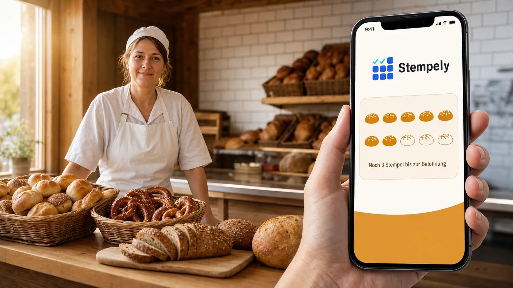 Bäckerin mit Stempely-App an der Brottheke, digitale Stempelkarte für Bäckerei und Backshop