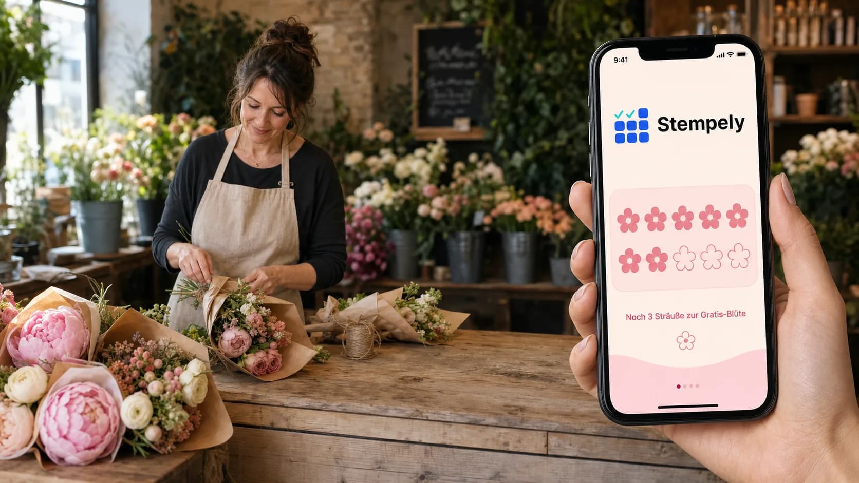 Floristin mit Stempely-App am Bindetisch, digitale Stempelkarte für Blumenladen und Floristik