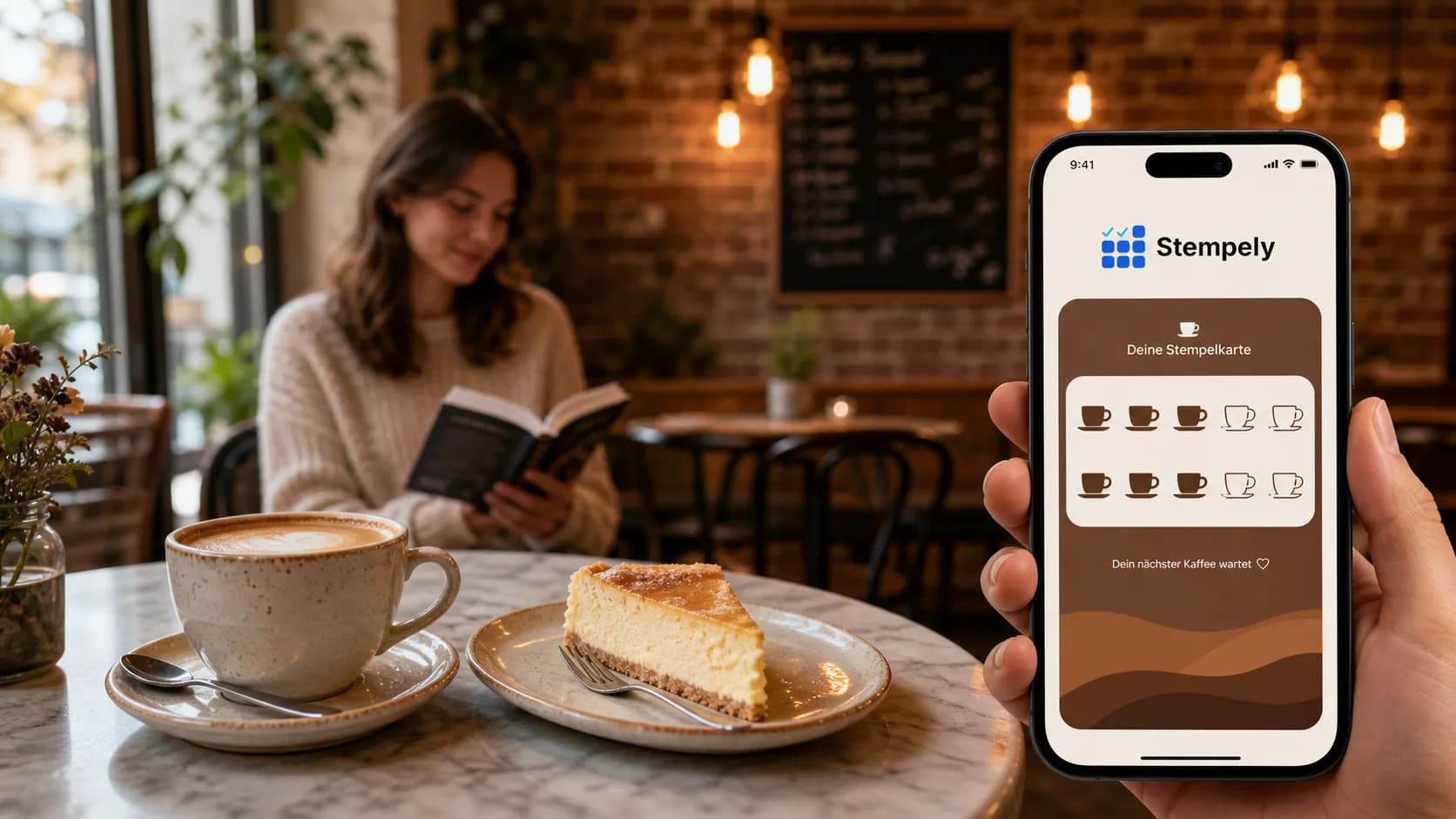 Barista mit Stempely-App an der Espressomaschine, digitale Stempelkarte für Café und Coffeeshop