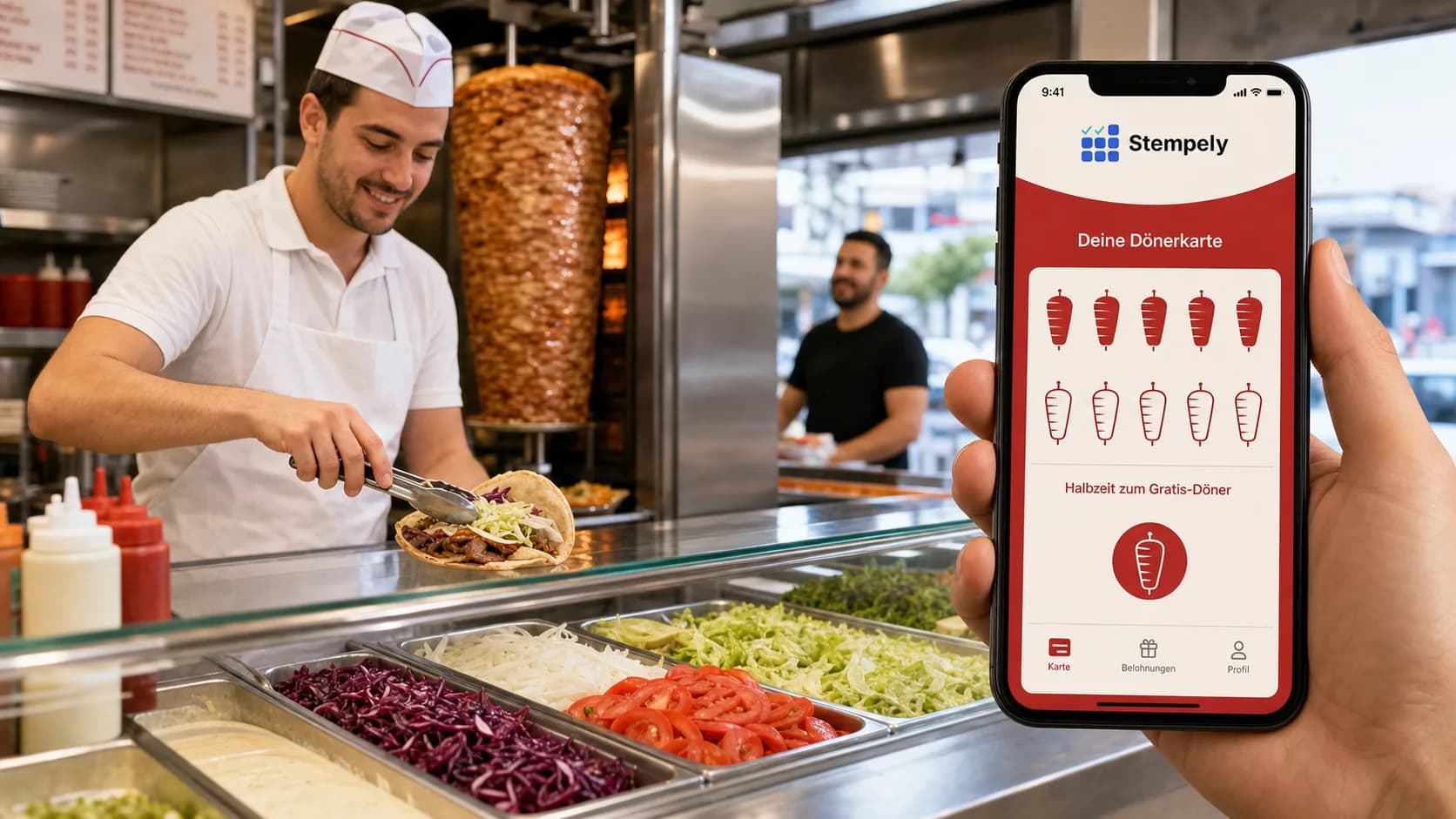 Dönermeister mit Stempely-App am Drehspieß-Tresen, digitale Stempelkarte für Dönerladen