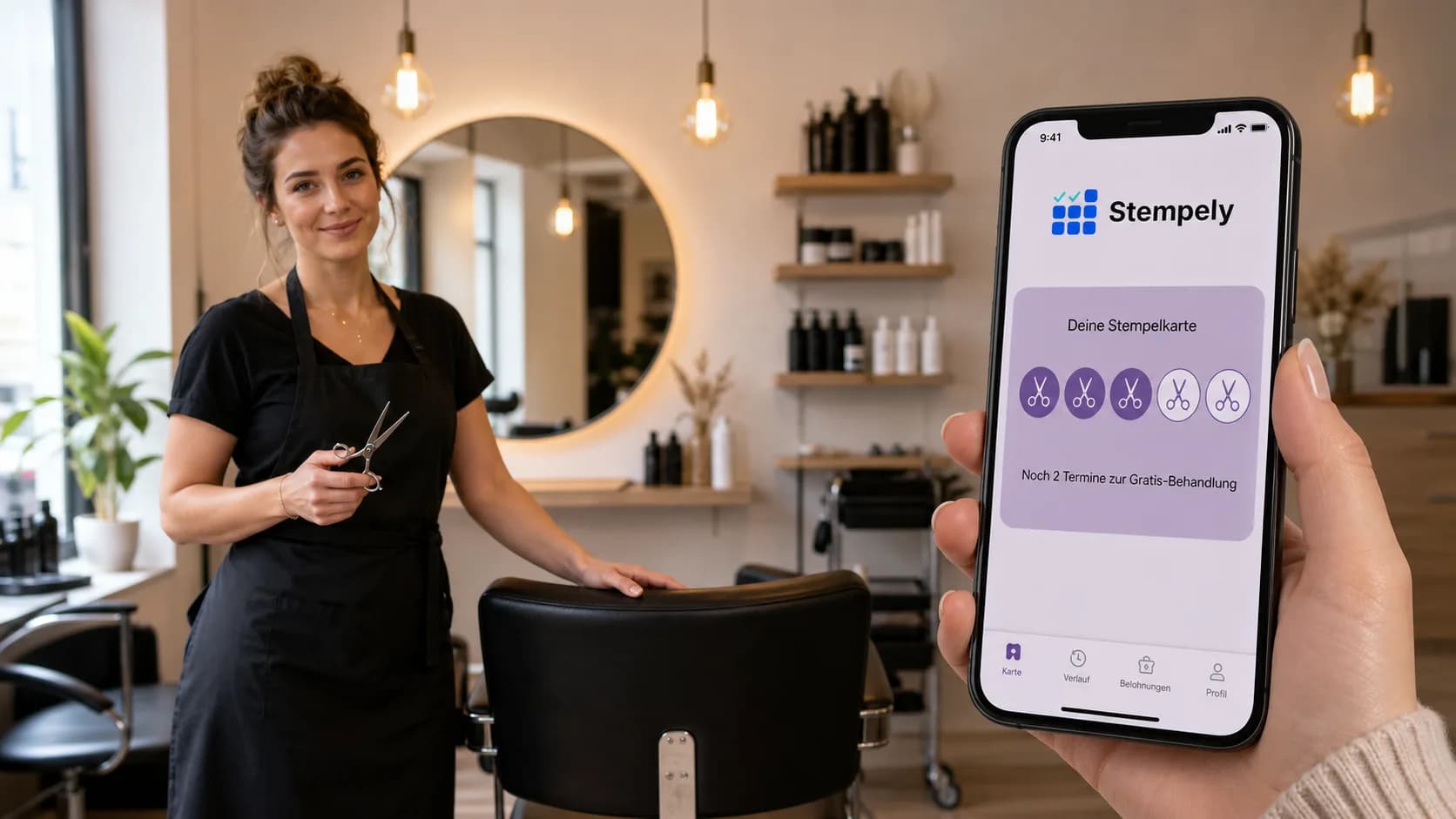 Friseur mit Stempely-App am Friseurtresen, digitale Stempelkarte für Friseursalon und Barbershop