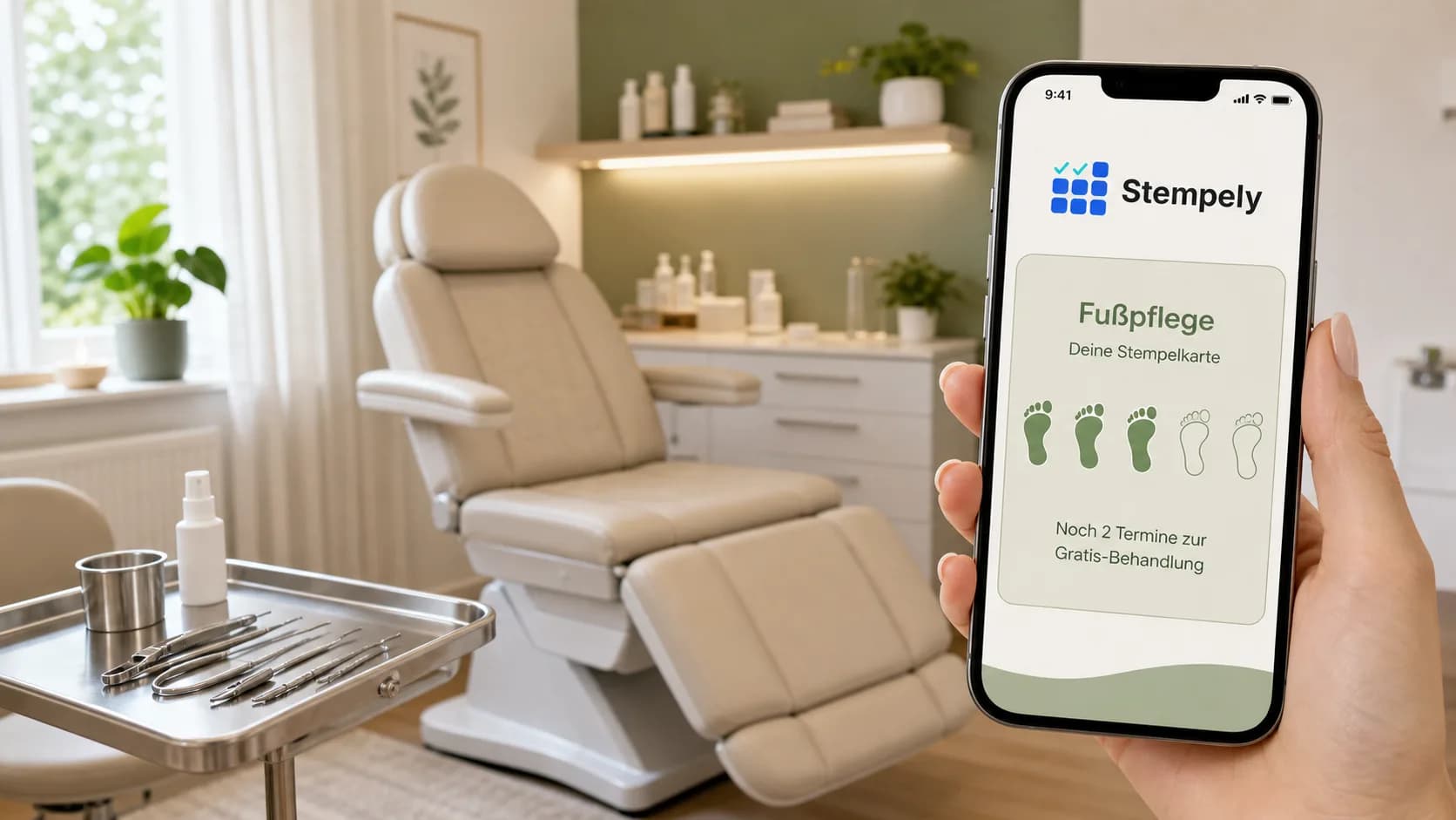 Fußpflegerin mit Stempely-App im Behandlungsraum, digitale Stempelkarte für Fußpflege und Podologie