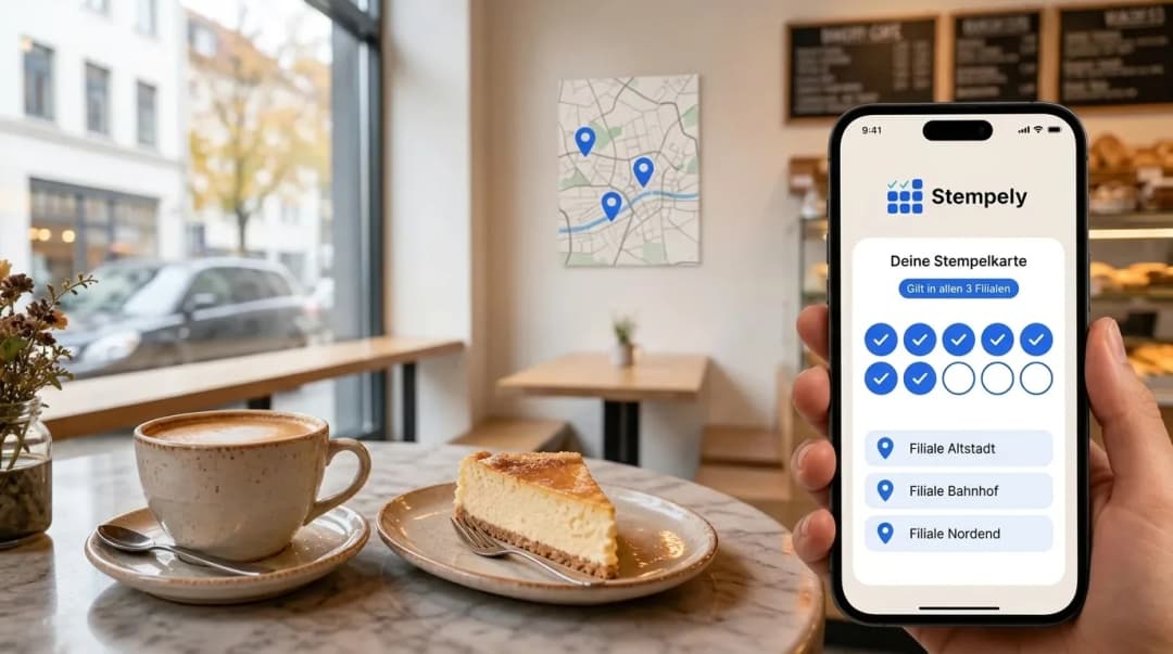 Stempely App auf einem Smartphone — digitale Stempelkarte für mehrere Filialen mit standortübergreifenden Stempeln