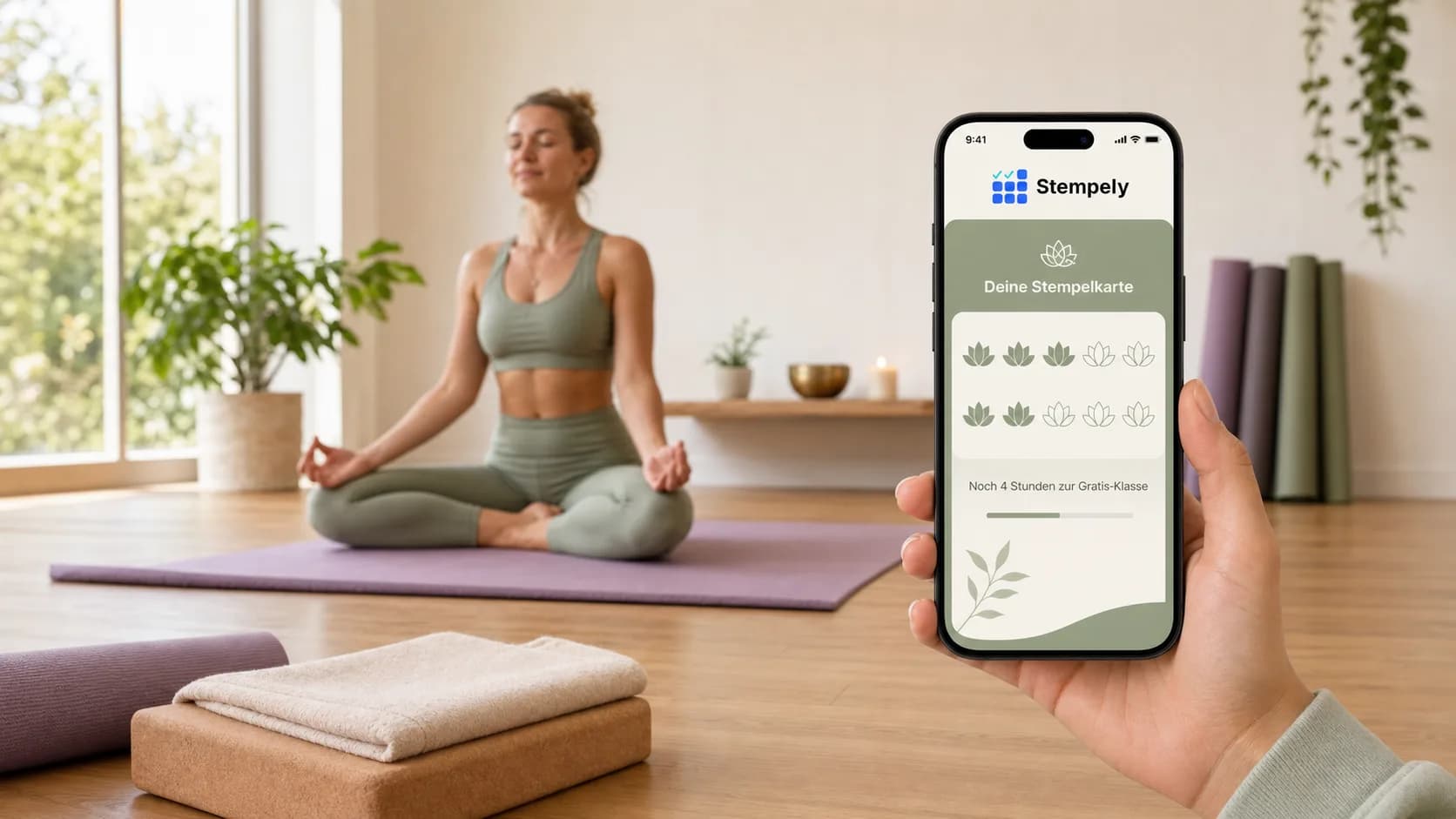 Yogalehrerin mit Stempely-App im Studioraum, digitale Stempelkarte für Yogastudio und Pilatesstudio